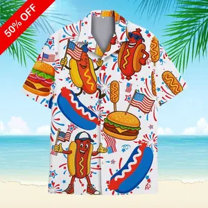 Patriotic Hot Dog Hawaiian Shirt, Funny Hotdog Style Tropical Short Sleeve Shirt, Summer Aloha Button Down Shirt, Gift for Him or Her