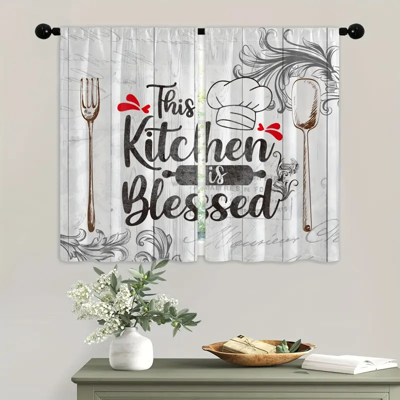 2pcs Vintage Kitchen Blessing Print  - Light-Filtering Polyester, Art Deco Style, Rod Pocket Design, All-Season Decor for Kitchen, Dining, and Cafe, Cafe  |   Vintage Kitchen Decor |   Polyester Fabric,  for Kitchen curtains panel set doble layer