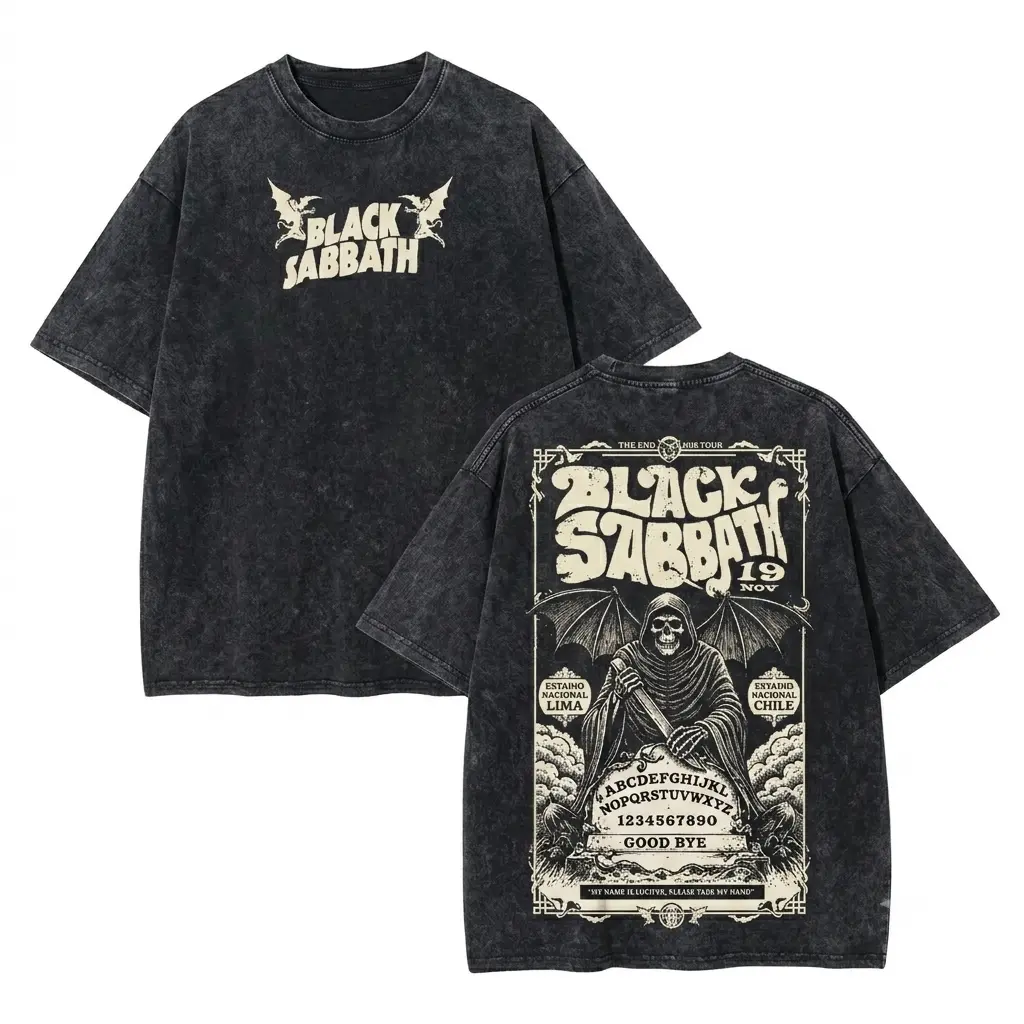Black Sabbath The End Tour Ouija Board Grim Reaper Double Sided Unisex Washed Black Tshirt Mens Vintage Graphic Tee, Boyfriend fit shirt, Oversized top for women, Heavy metal streetwear, Gothic rock band clothing, Vintage music apparel