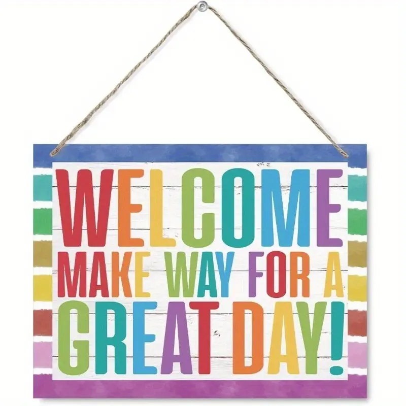 Classroom Door Sign, Welcome to a Great Day, Colorful Classroom Decoration for Elementary & Middle School, Wooden Greeting Plaque