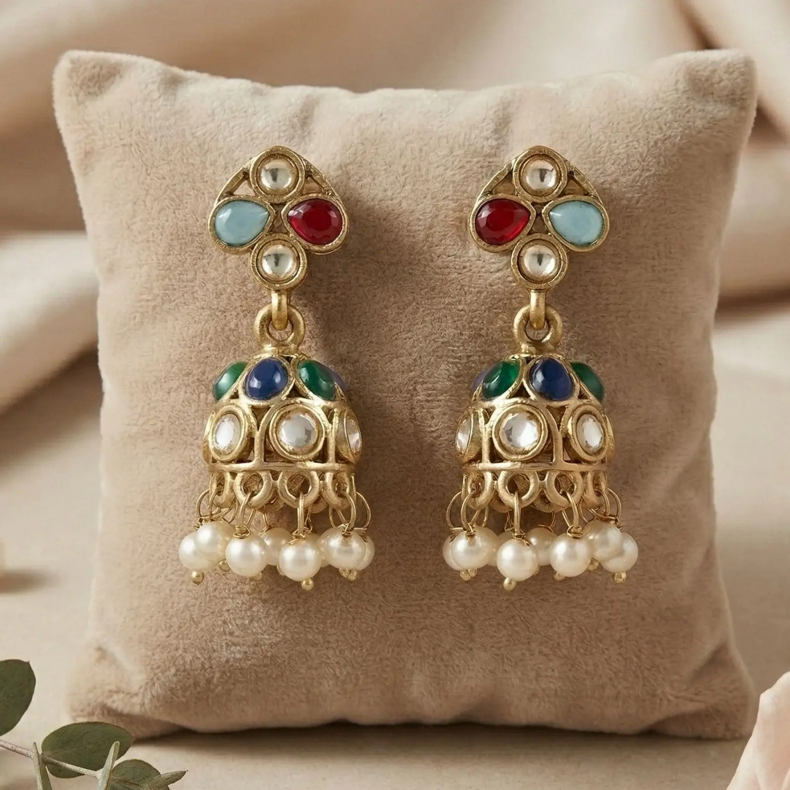 Indian Polki Small Jhumki Earrings, Multicolor Pearl Drop Ethnic Traditional Jhumka Gold Jewelry
