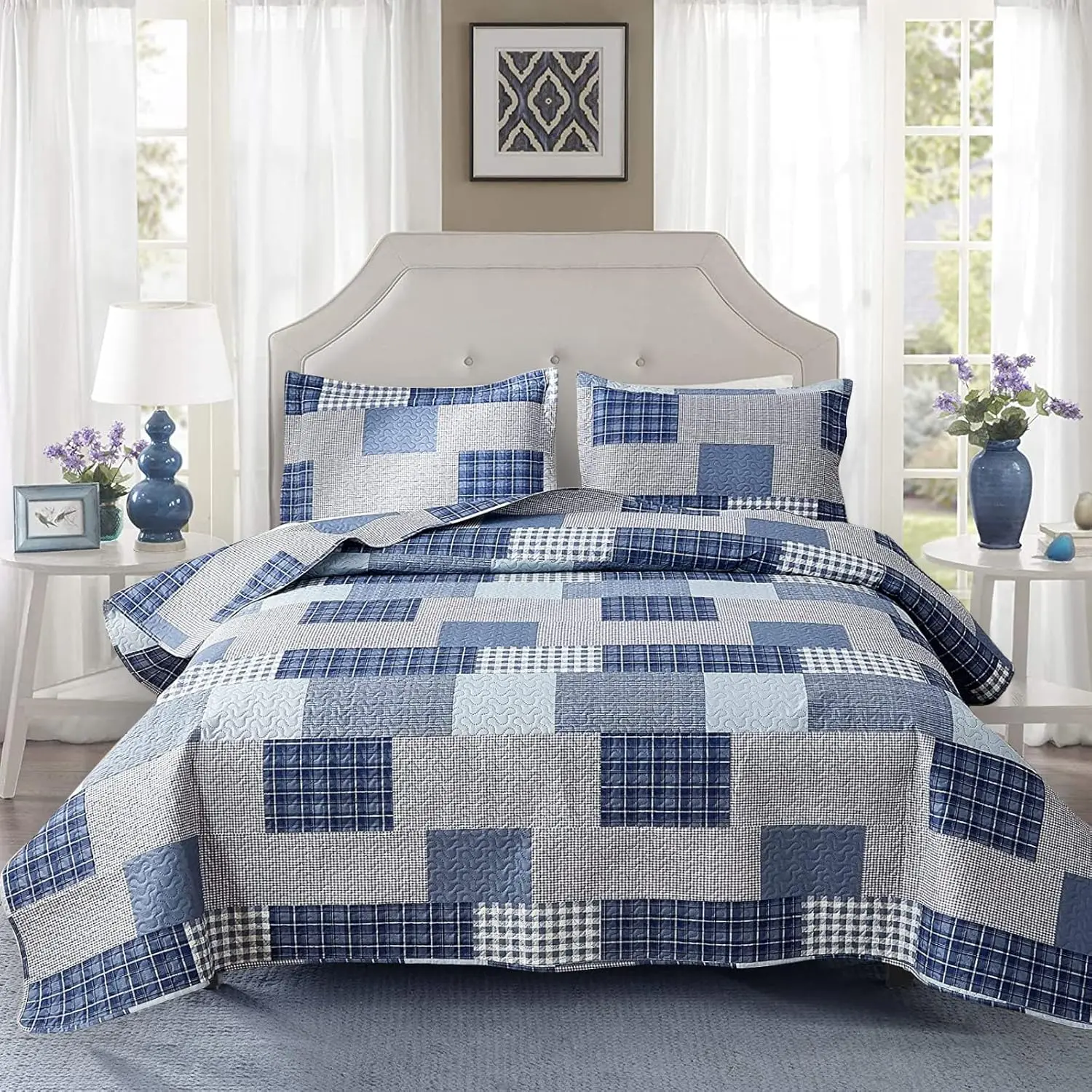 Plaid Quilt  Size Blue White Lightweight Patchwork Bedspread Soft Breathable Check Quilts Gingham Bedding Checker  Coverlet Bed Cover Set Geometric  Decor