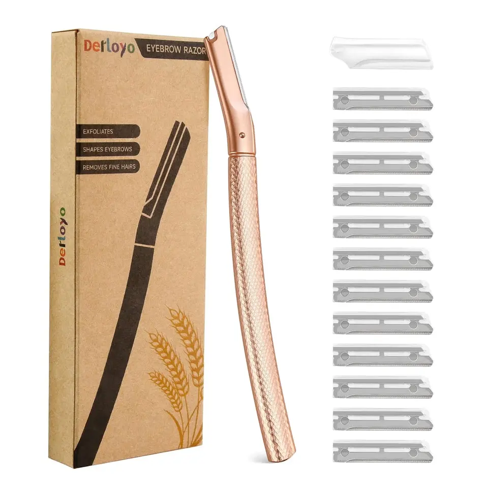 Eyebrow Razor-Face Razors for Women-Dermaplaning Tool for Face Exfoliation & Peach Fuzz with 12 Refill Blades-Facial Dermaplane Razors Shaver-Rose Gold
