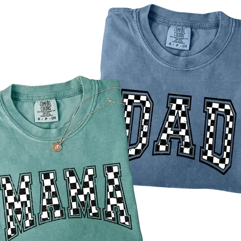 Comfort Colors Retro Mama Dad Checkered Couple T-Shirt, Mama & Dad Shirt, Caro Matching Parents Outfit, Mother's Day Tee, Father's Day Tee, New Mom Tee