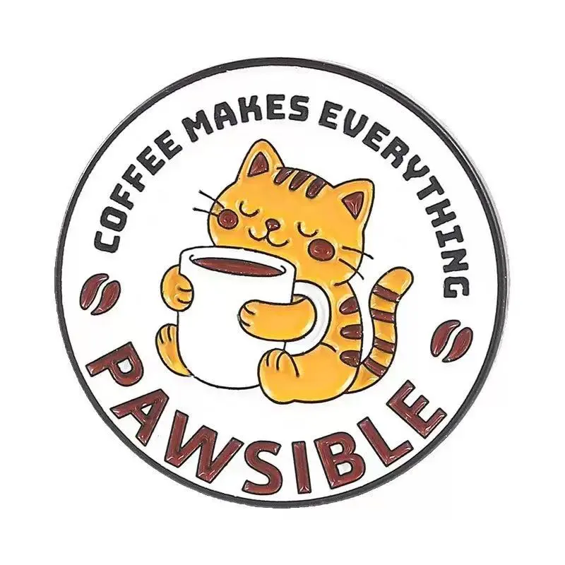 Coffee Makes Everything Pawsible Enamel Pin | Cute Orange Cat Coffee Brooch