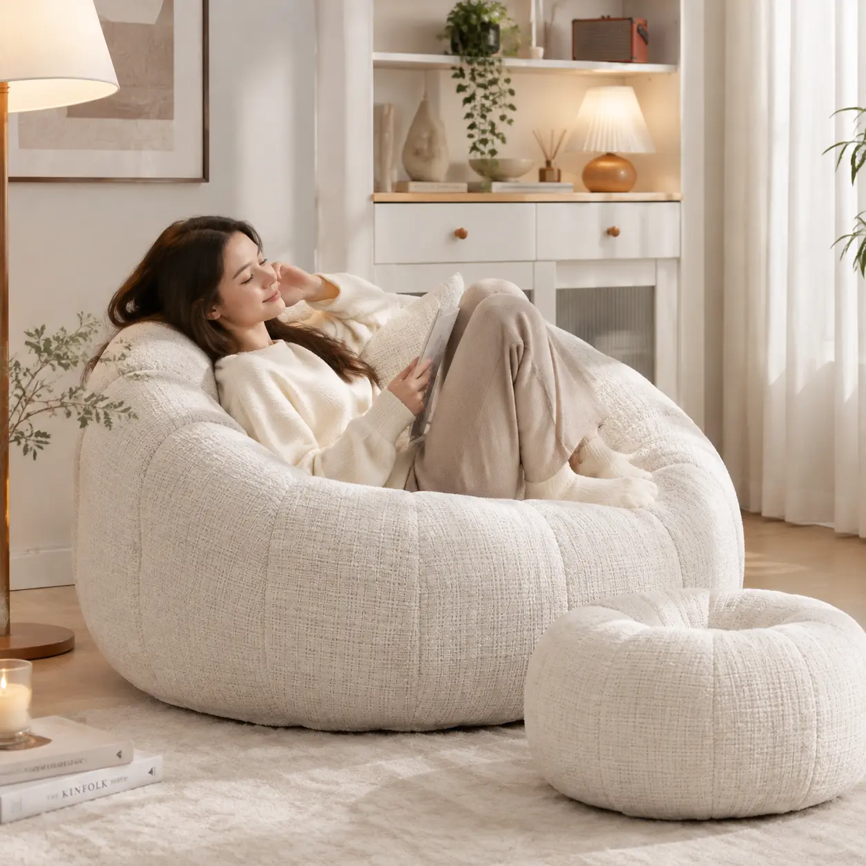 Modern Round Bean Bag Chair & Ottoman Set - Fixed Arms, Pillow, Durable Fabric Cover, Single Indoor Leisure Sofa for Living Room, Bedroom Comfort Furniture