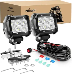 Nilight 2PCS 4Inch 18W Flood LED Pods Universal Adjustable Pillar Hood Off Road Led Work Light with Mount Bracket Wiring Harness-2 Leads