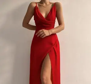 Women's V-Neck Sleeveless Spaghetti Strap Slit Midi Dress, Summer Casual Floral Boho Slim-Fit Polyester Fabric Dress, Women Clubbing Clothes, Sexy Womenswear Clothes