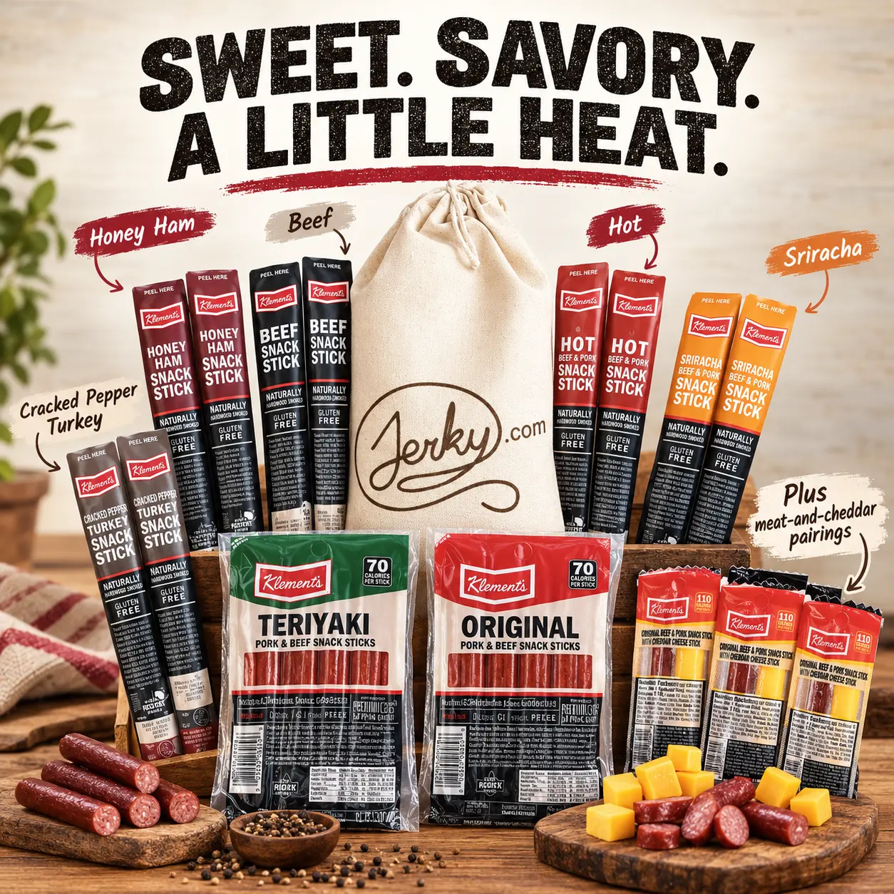 26 pc. Jerky Meat & Cheese Gift Basket - Sampler Variety Pack of Dry Beef, Pork, Turkey, & Ham Snack Sticks - Protein Snack Bundle, Unique Gift for Men, Food Gifts for Men, Gifts for Him, Meat Variety Assortment, Jerky Variety Packs, Christmas Basket