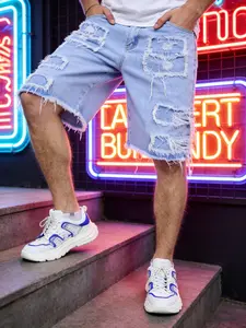 SRETOUU Men's Ripped Distressed Denim Shorts Light Blue Cotton Jean Shorts Summer Streetwear Menswear Baggy Shorts