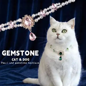 Pet Collar Pearl Necklace with Gemstone & Crystal Pendant — Pet Accessories for Cats & Dogs (Dress-up & Photography Props)
