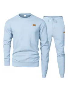 Men's Knitted Sportswear Set, Textured Sweatshirt with Drawstring Waistband Leather Tag, Soft Casual Two-Piece for Daily Wear Home Fall Winter, Textured Sweatsuit, Sweatsuit Set Outfit