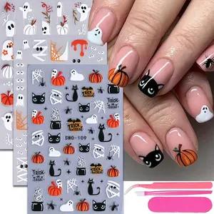 Halloween Cat Ghost Nail Art Stickers Set with Tweezers, Cute Mummy Spider Web Pumpkin Designs for Women & Girls, Self-Adhesive Nail Decals Festive Gift