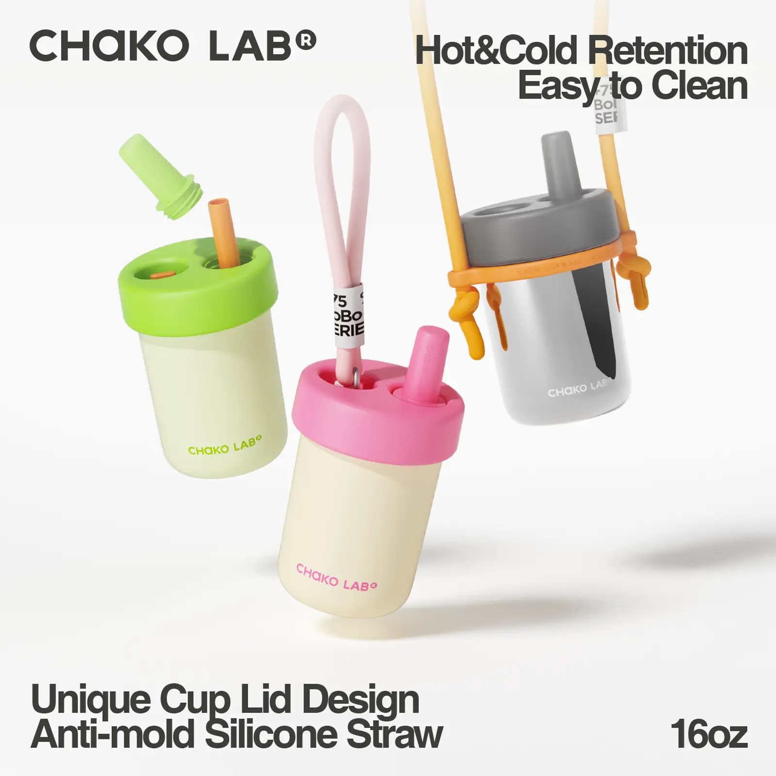 CHaKO LAB BOBO CUP | Kids Water Bottle with Carrying Rope and Straps | Vacuum Insulated Stainless Steel 16oz for School and Trvels | Two Travel Carrying Options Lightweight Insulation