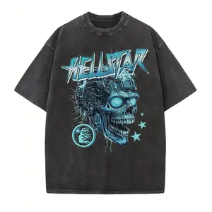 180g[100%cotton]Vintage Washed Black "Hellstar Cyborg Skull" Graphic Oversized T-Shirt, Cyberpunk/Edgy Streetwear Top for Men Women