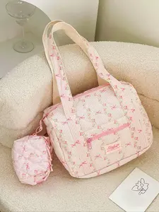 Cute Ditsy Floral Pattern Travel Bag Set, Fashionable Striped Pattern Bowknot Design Travel Bag & Small Bag, Women's Travel Bag for Short Trip