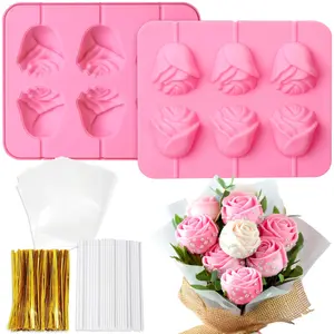 3D Rose Cake Pop Mold - 2-Pack Silicone Flower Chocolate Candy Lollipop Molds with 300pcs Bags and Sticks- Non-Stick Sucker Mold for DIY Gifts, Mother's Day, Birthdays, Baking Supplies