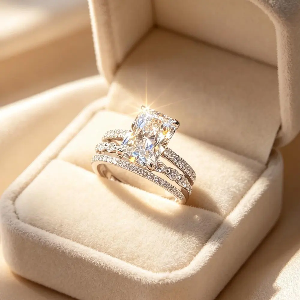 Radiant Cut  Engagement Ring Set, Promise Ring for GF, 3-Piece Twisted Pavé Stackable Wedding Band Set for Women