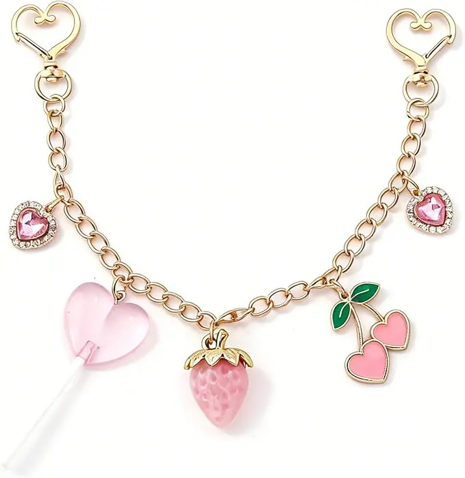 Cherry Bling Heart Rhinestone Bag Charm Chain - Lollipop Strawberry Bag Chains and Charms for Women's Purses, Pink Keychain Gift Accessory