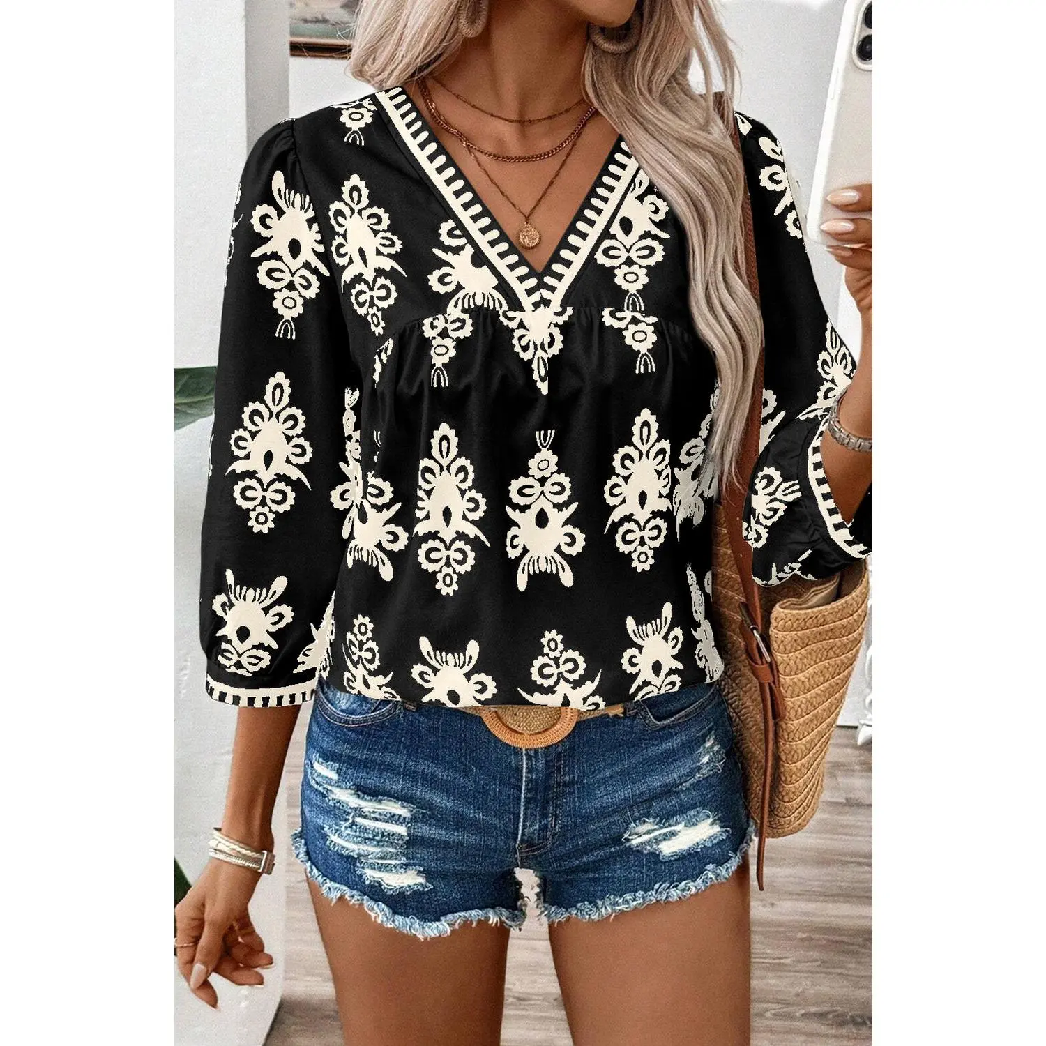 Black Vintage Geometric Printed 3/4 Sleeve V Neck Blouse