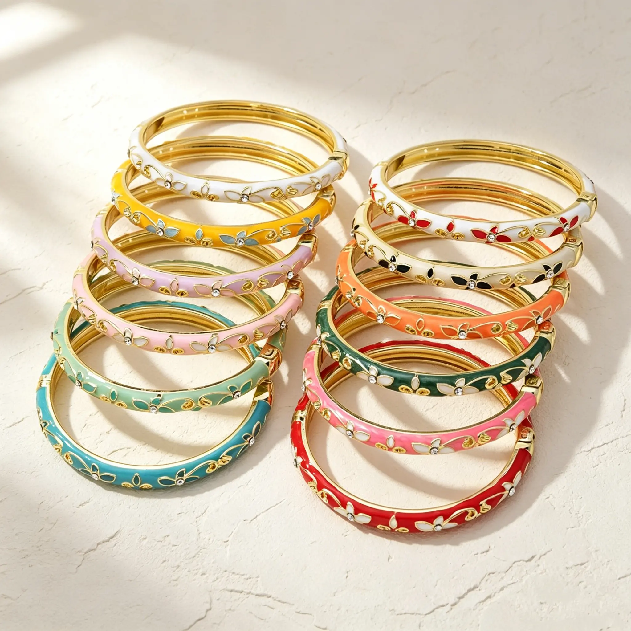 Colorful Enamel Floral Rhinestone Hinged Bangle Bracelet, Gold Plated Thin Spring Open Cuff Wrist Band, Alloy Dainty Stackable Women Wrist Jewelry Daily Vacation Styling