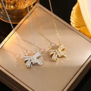 Bow Crystal Female Necklace No Fading Titanium Steel Chain Necklace with Sparkling Bow Pendant for Everyday Wear