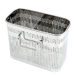 Quality Stainless Steel Kitchen Utensils Chopsticks Holder Drying Rack Basket with Hooks 2 Divided Compartments Large L5.4 X H4.3 X W2.6