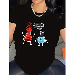 Polyester Short Sleeve T-Shirt with Funny Chemistry Lab Design, Lightweight and Durable for Casual Wear in Kitchen or Lab, Featuring Red and Blue Flask Characters with I for THINK You're Overreacting Humor, Perfect for Science Enthusiasts