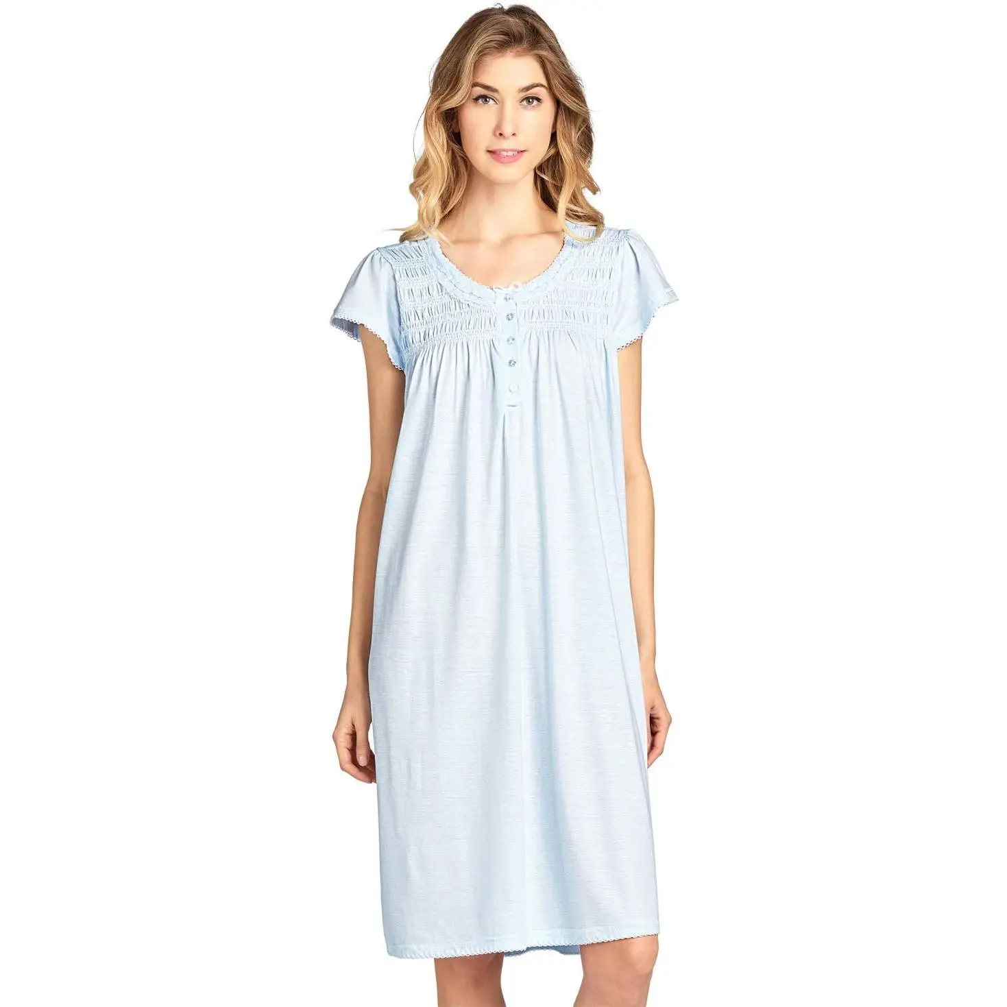 Casual Nights Women's Floral Embroidered Lace Printed Cotton Blend Duster Nightgown - Soft Light Lounger with Short Cap Sleeves, Flower Accent Night Gown for Women, Elegant, Knit, Button, Relaxed Fit, 3X, 4X, Duster Look, Lace Accents, Shirt, Lady, Round