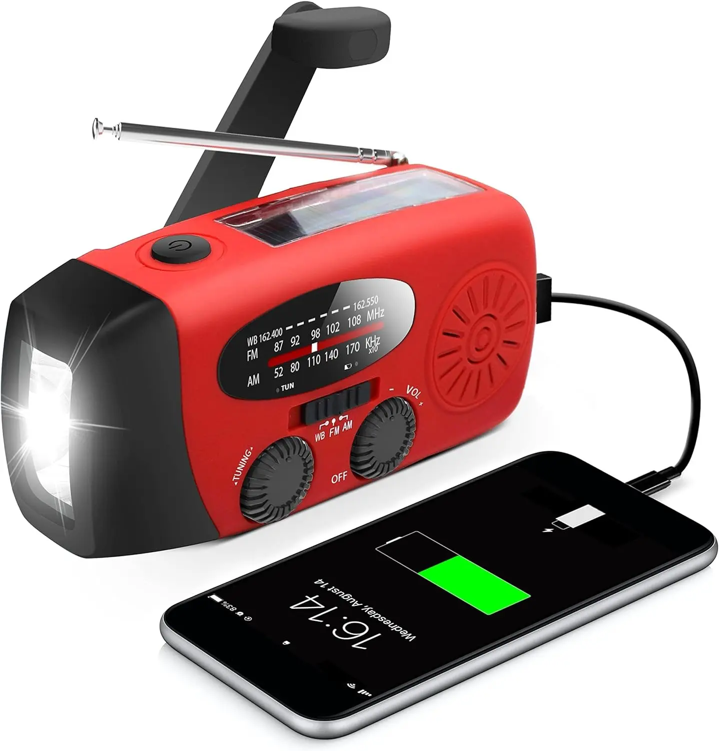 Hand Crank Radio Original - 2000mAh Solar Powered Radio, AM/FM/NOAA, LED Flashlight, USB Charging, Portable Survival Camping Equipment for Home Emergencies, Power Outages, Handheld Radio, Emergency Kit