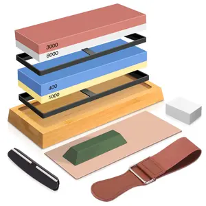 Knife Sharpening Stone Kit, 4 Side Grit 400/1000 3000/8000 Whetstone, Professional Whetstone Knife Sharpener Set Includes Polishing Compound, Bamboo Base, Flattening Stone, Leather Strop & Angle Guide Kitchen Knives
