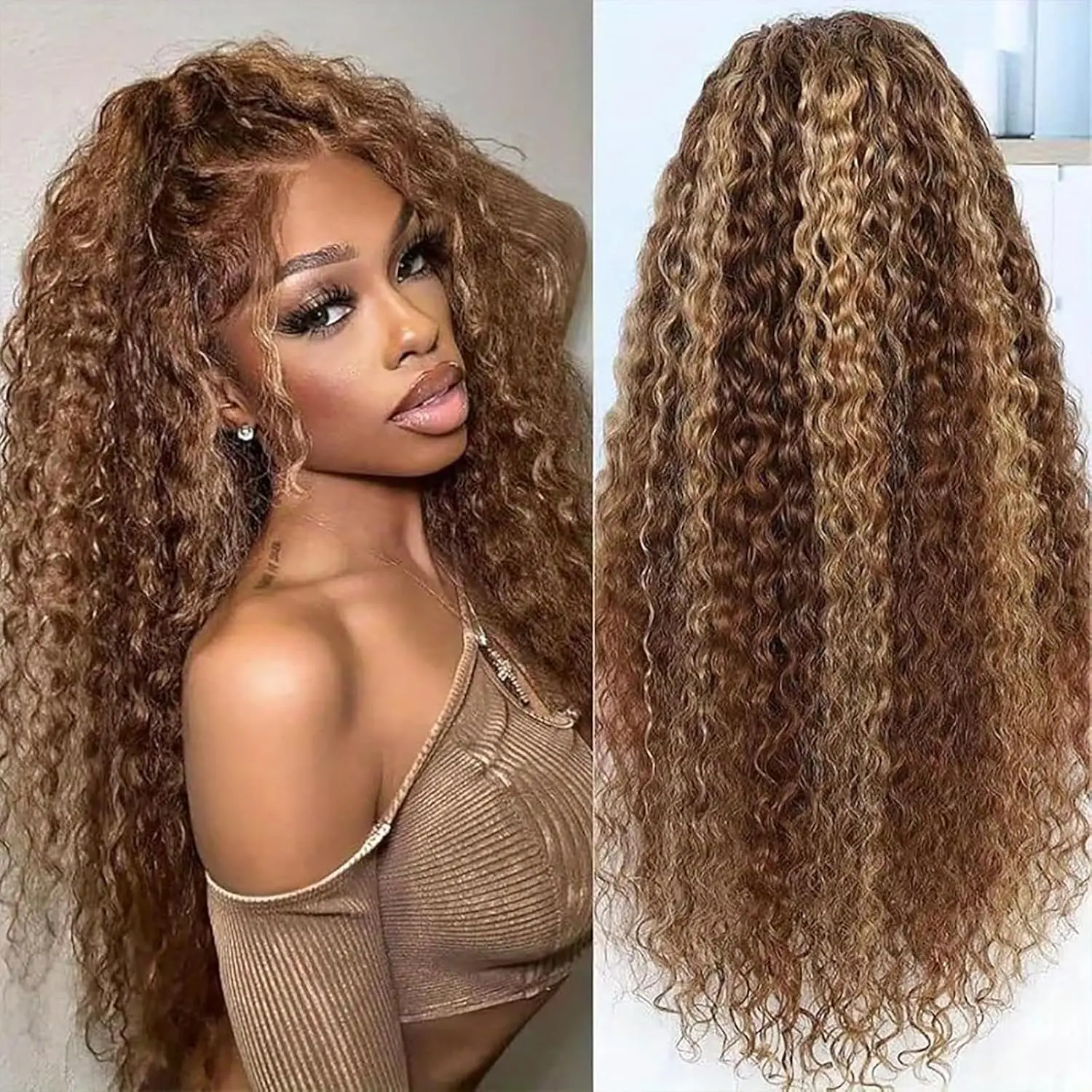 Women's Ombre Honey Blonde 4/27 Highlight 13x6 HD Transparent Water Wave Glueless Human Hair Lace Front Wig, Female-Fit with Natural Hairline, Adjustable Strap, Average Size for All Head Shapes