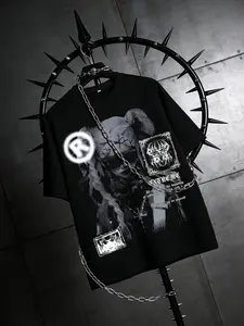 Comfortable Breathable Fabric Multi-Element Graphic Print, Unique Print Loose Fit, Crewneck Long Casual Streetwear, Cool Fashion, Dark Style
