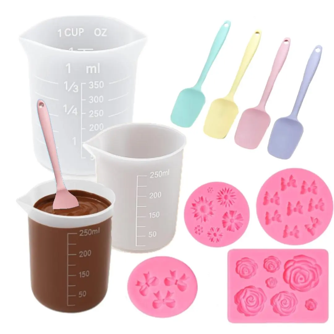 Food Grade Silicone Chocolate Melting Cups Bakeware Set - 2Pcs (250ml-350ml) with 4 Spatulas, Drip-Free Candy Mold, Flexible Heat-Resistant Baking Tools for DIY Projects