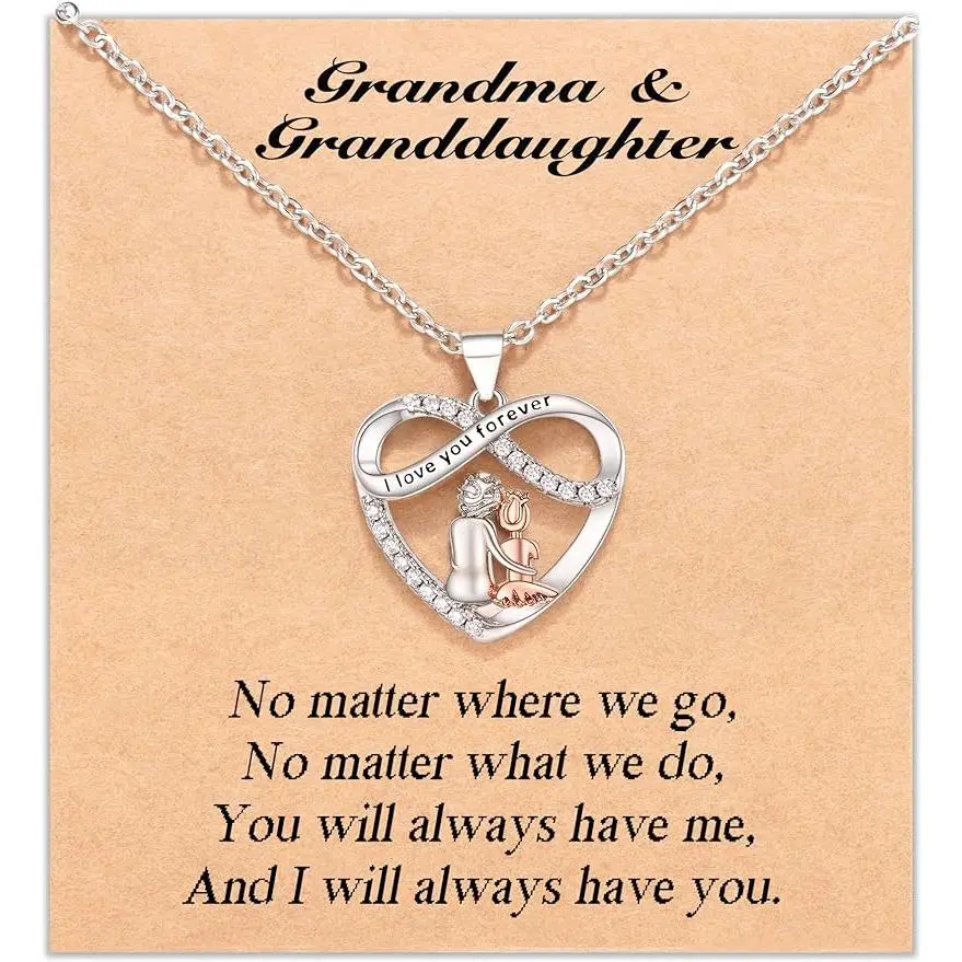 Infinity Heart Pendant Artificial Gemstone Necklace - Hypoallergenic, Adjustable Chain, Christmas/Birthday Gifts for Women Girls, Grandma‑Granddaughter