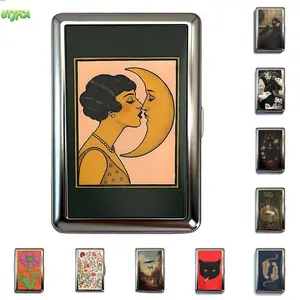 Vintage Card Holder Trinkets Stash Tin Box, Dual Use Cigarette Holder & Business Credit ID Card Wallet, Compact,Unisex,High Aesthetic Value, Secure Snap Closure Portable Storage Box, Multiple Retro Art, Ideal For Daily Carry, Bar Visits Beach vacation Coo