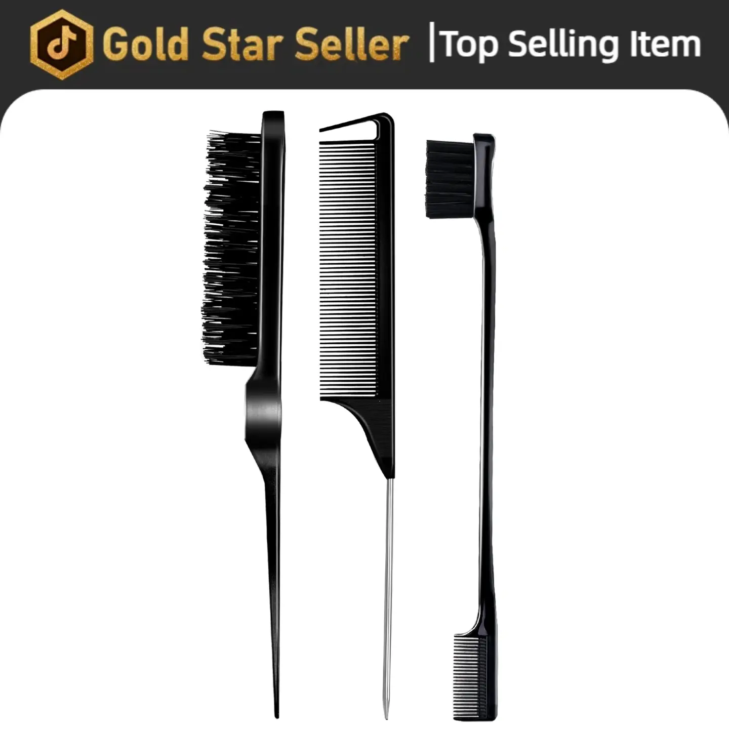 3 Count  Set for Teasing Edge and Back Brushing   and Edge  Hair Stick for Styling Women's Haircare (Black) Wide Tooth Detangling Comb Set,valentine's day gifts for her/him