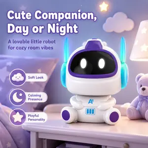 Electronic Robot Device with LED Screen Face Display, AI Robot Toy, White and Purple Plastic Body with Illuminated Side Parts, Desktop Digital Moving Figure for Boys Girls