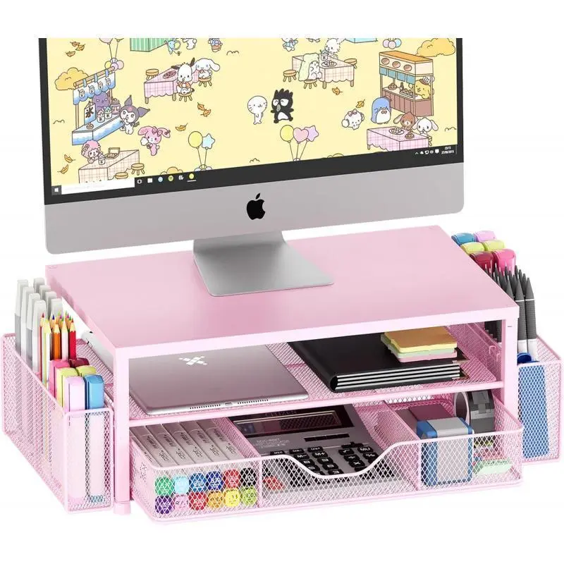 Pink 2-Tier Laptop/Monitor Stand Riser with Drawer + Holders, Desk Organizer Set, Office Stationery & Decor for Women : Electronics, Two Tier
