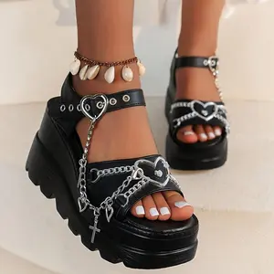 2024 New Gothic Style Cross & Chain Detail Platform Sandals