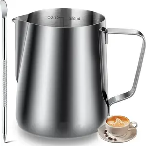 12oz Milk Frother Set, Stainless Steel Milk Pitcher & Latte Art Pen, Milk Frothing Pitcher Cup, Steaming Pitcher with Tick Mark, Summer Fathers Day Gift, Coffee Making Tool