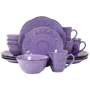 212 MAIN 16-Piece Round Embossed Rustic Birch Wood-Inspired Stoneware Dinnerware Set - Purple, Microwave-Safe Nature-Inspired Kitchen Tableware Dishes, Nature-Inspired Dinner Sets