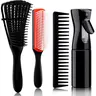 Eco-Friendly Anti-Tangle 3+1 Black 4pcs Hair Care Set - Curl Defining Brush, Detangling Comb, Wide Tooth Comb, Detangler Spray Bottle for Thick 3/4ABC African Curls, Wet/Dry Wash and Go, Gentle ABS Hair Styling Tools