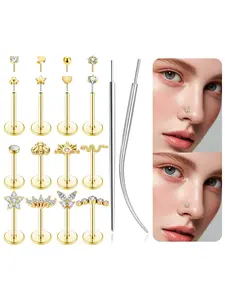 Push in Stud Earring 14K Gold Filled Threadless Flat Back Earrings Stainless Steel Nose Piercing Jewelry Nose Rings Set Studs Cartilage Helix Conch Tragus Lip Labret Nostril Piercing for Women 6mm 8mm Gold Silver Tone Multiple Sizes Durable Materials