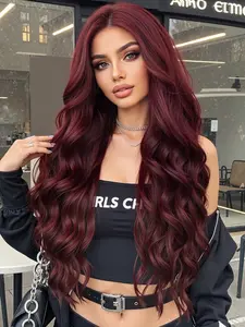 Handwoven 13x6 Lace 26 Inch Wine Long Curly Wig, Natural Fashion Realistic, Lightweight Breathable, Casual Parting, All Seasons, Deep Wavy Wigs, Synthetic Lace Wigs