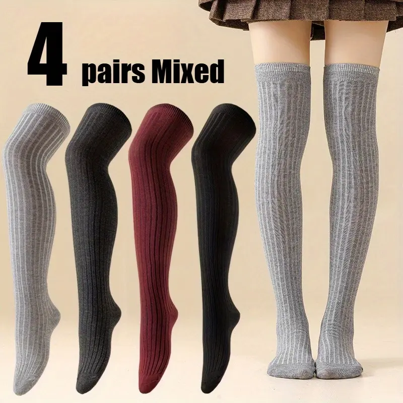 Women's Ribbed Knee-High Socks, 2-Pair Japanese Style with Adjustable Drawstring, Warm Solid High-Stretch Hosiery for Autumn Winter, Lady, Japanese Look, Solid Color Style