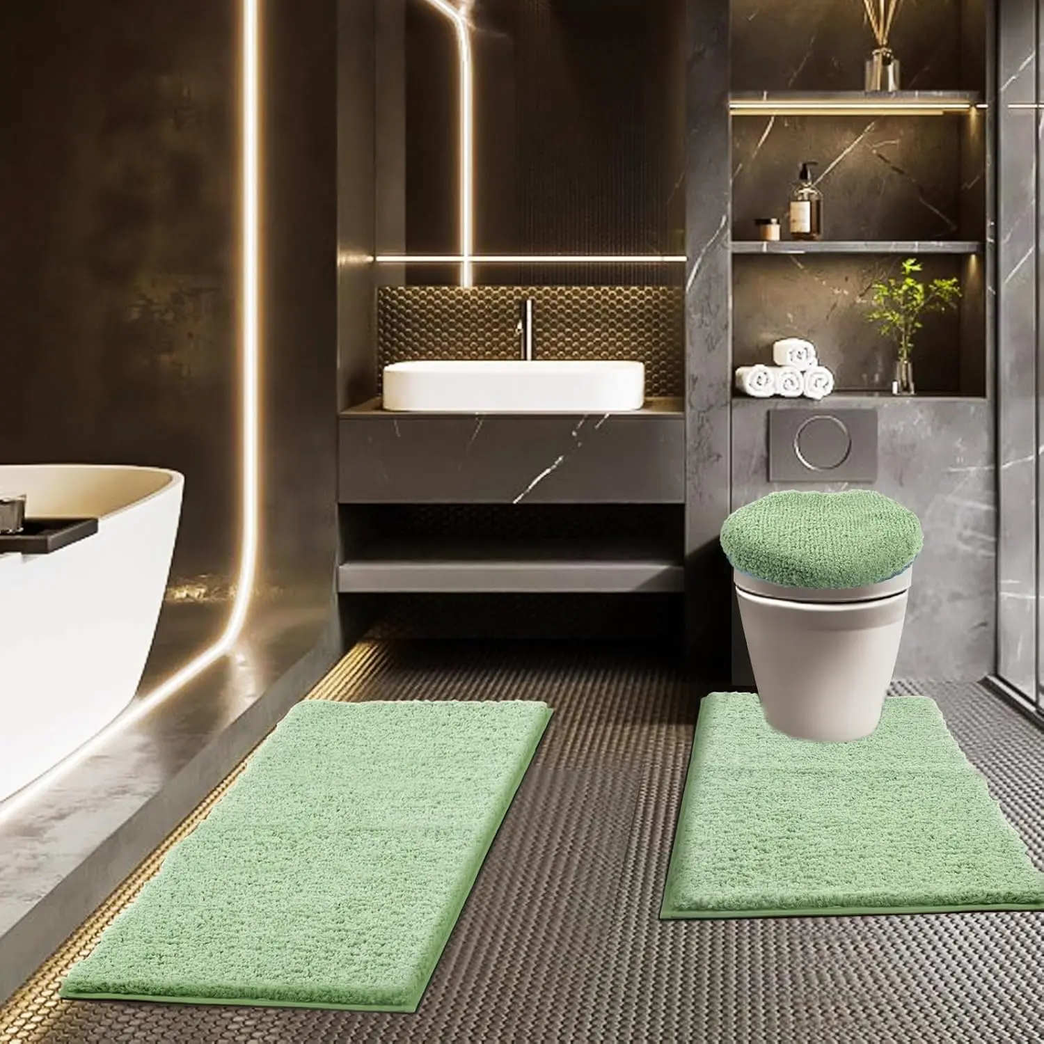 Bathroom Rugs Sets 3 count with Adjustable Toilet Seat Cover 17.5"x 15" Machine Washable Bath Rug Set with TPR Non Slip Rubber Backing Solid Bath Mat Set for Luxury Bathroom Decoration