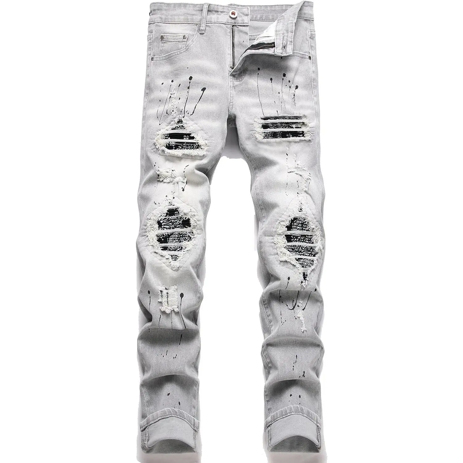 Men's Ripped Patch Elastic Jeans Fashion Slim Fit Regular Denim Pants
