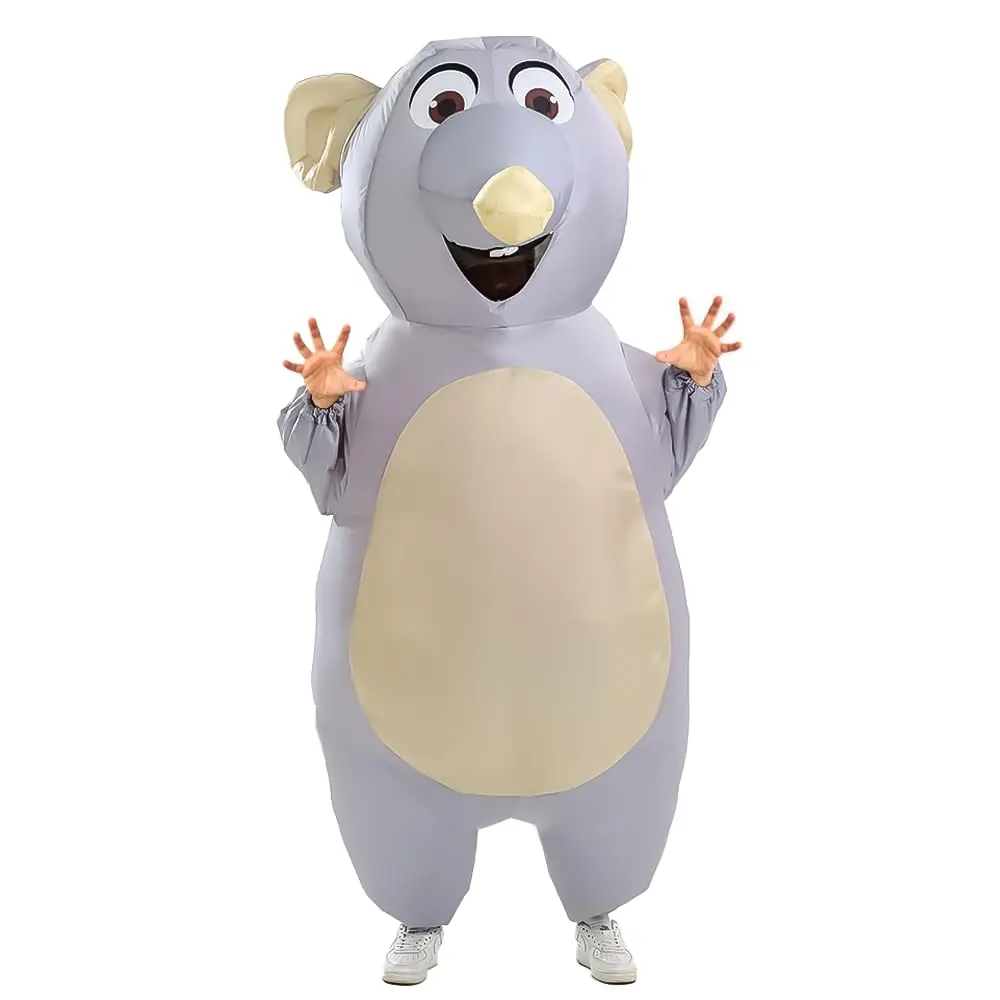 Adult Gray Inflatable Mouse Suit - Polyester Fabric Funny Blow Up Rat Mascot Outfit with Zipper, Fan & Battery for Halloween, Birthday, Cosplay Events