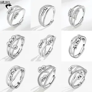Simple Metal Beads Anti Stress Anxiety Ring Fidget Spinner Rings Adjustable for Women Rotating Freely Jewelry Wedding Bague